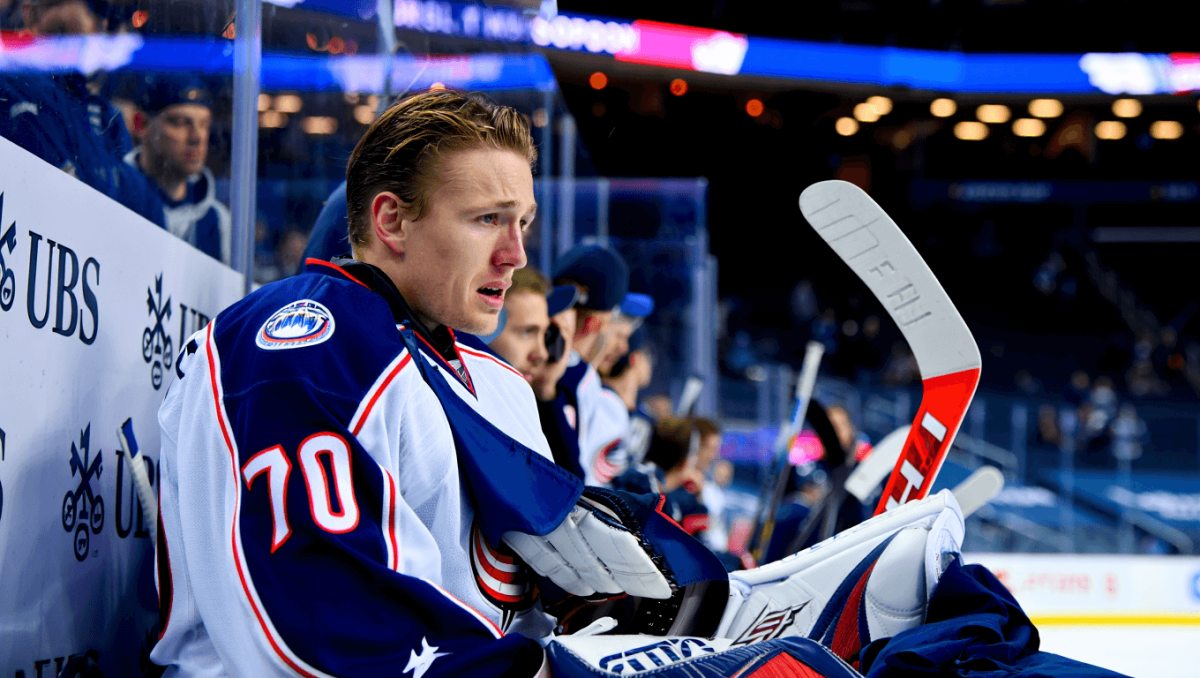 Columbus Blue Jackets goaltender Elvis Merzlikins (90) follows the play against the Toronto Maple Leafs during the third period at Scotiabank Arena.