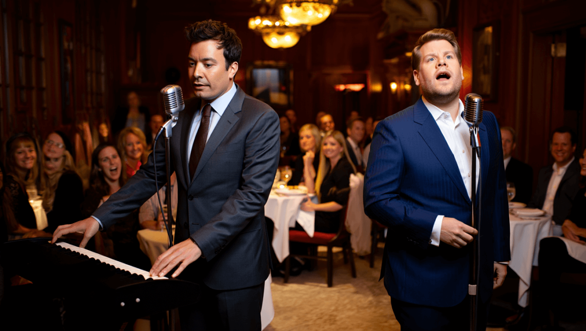 
		Jimmy Fallon, James Corden croon Sinatra, Bennett standards for gobsmacked guests in NYC	