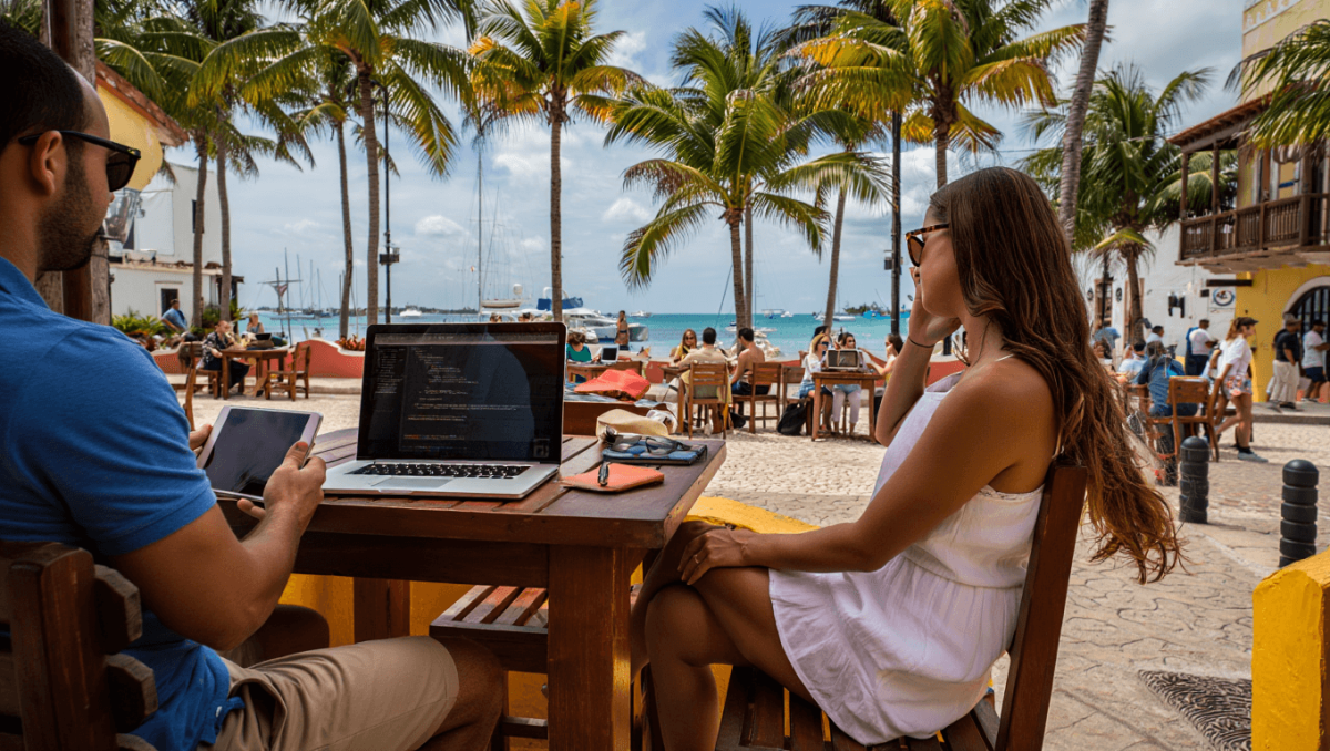 Digital nomad working on beach with turquoise water