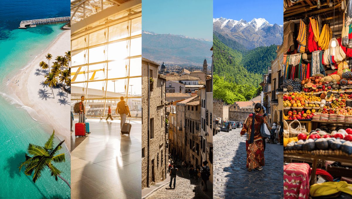 Comparison photo split photo with Lake Atitlan on one side and Caye Caulker on the other