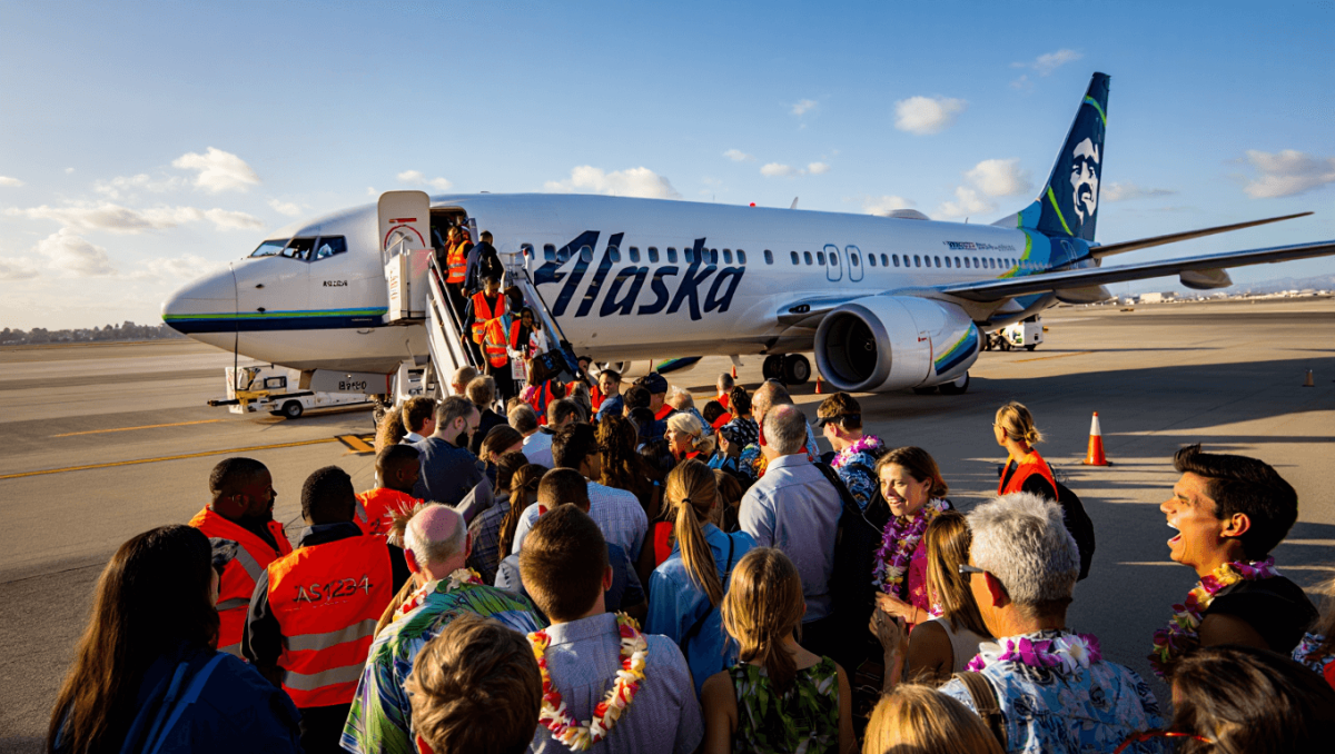 An Alaska Airlines Boeing 737 jet flying over Waikiki Beach and the Diamond Head volcanic cone in Honolulu, Hawaii.