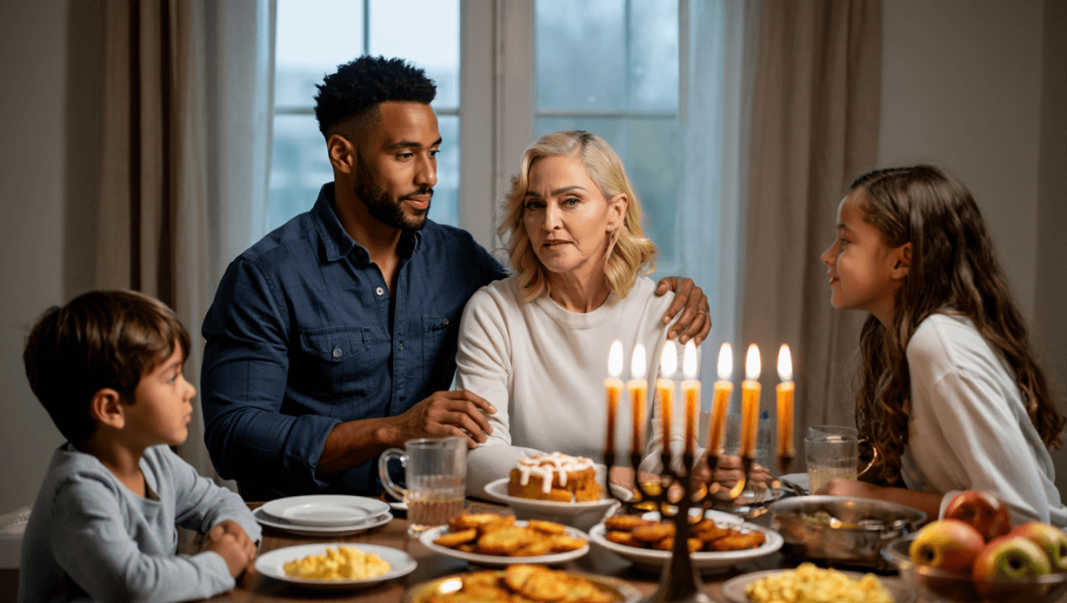 
		Madonna, 67, goes makeup-free to celebrate Hanukkah with much-younger boyfriend Akeem Morris, 29, and kids	