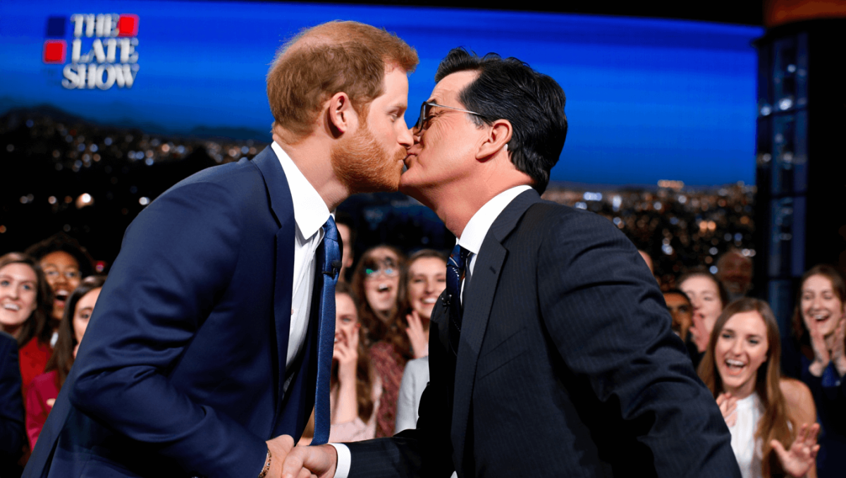 Prince Harry nearly kisses Stephen Colbert in hysterical ‘Late Show’ skit