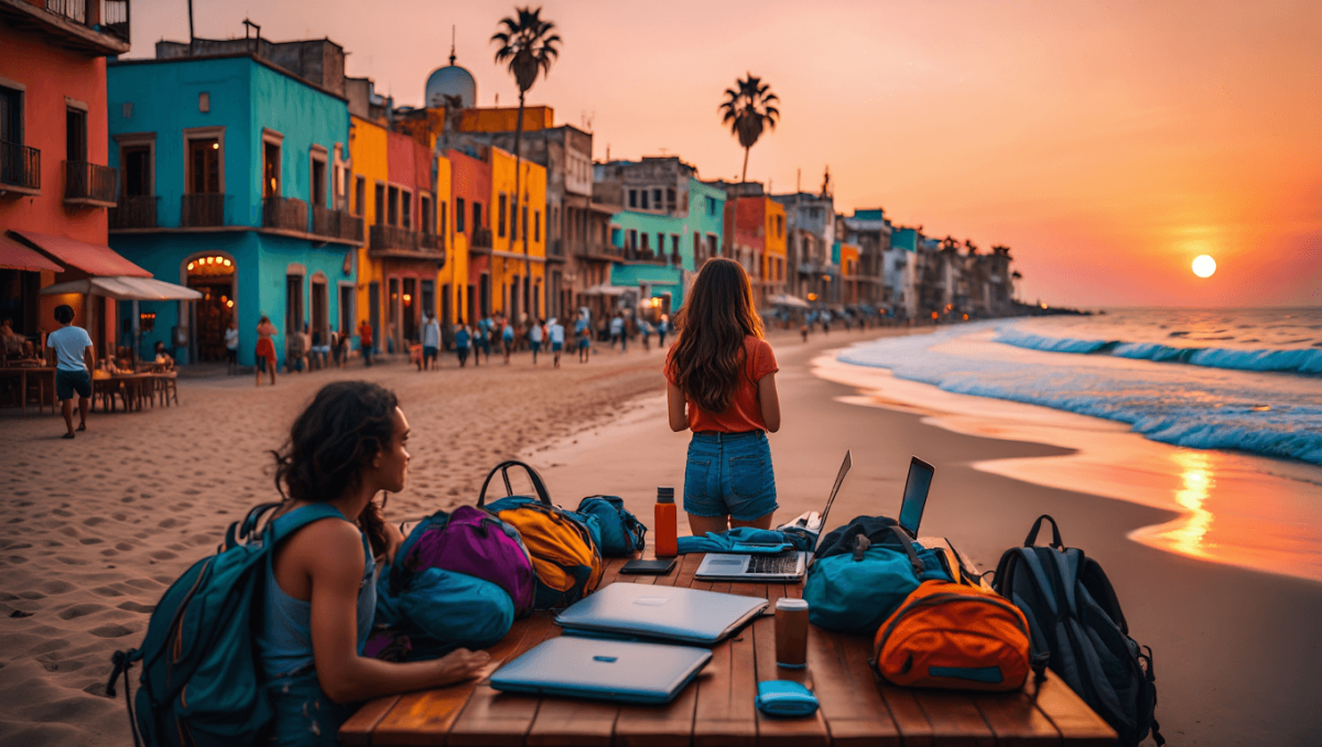 Digital nomad with laptop under palm tree