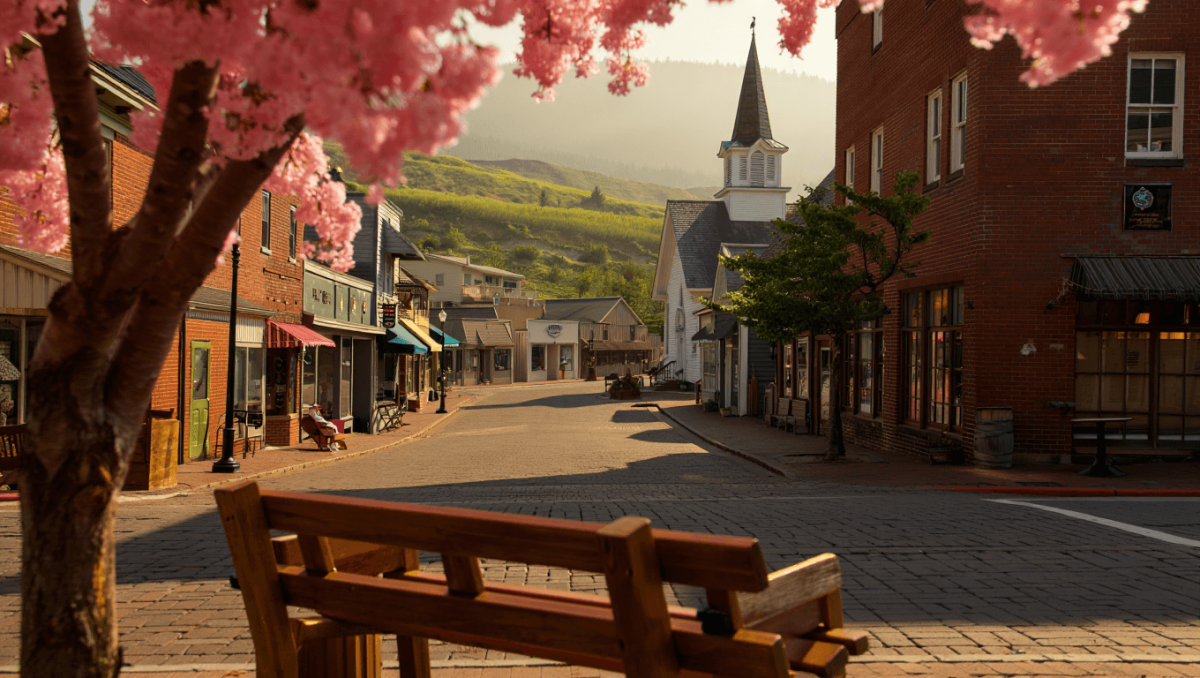 People enjoy a warm summer evening on the street in Leavenworth city center among Bavarian-style buildings and businesses