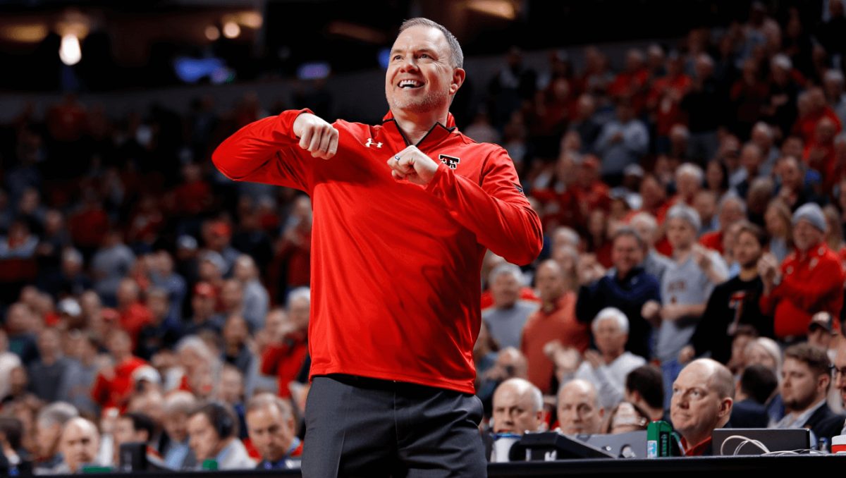Texas Tech's LeJuan Watts reacts after making a 3-pointer against Oklahoma State in a Big 12 men's basketball game Saturday, Jan. 3, 2026, at United Supermarkets Arena.