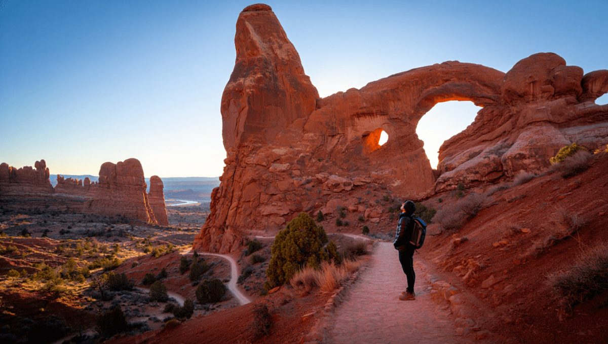 Red rock formations under cotton candy skies in Arches National Park