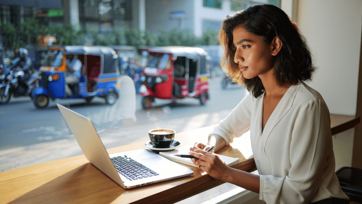 Beautiful Young Woman With a Flower on Her Head is Working Online on a Laptop Next to the Swimming Pool and Scenic Background Near Galle, Sri Lanka