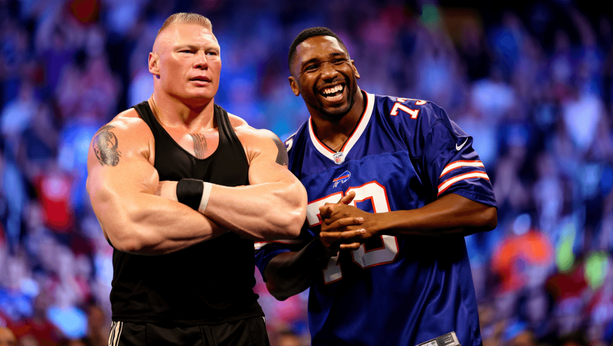 WWE Superstar Brock Lesnar and his chest tattoo at the Royal Rumble.