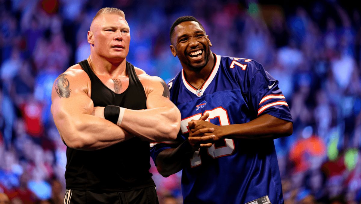 WWE Superstar Brock Lesnar and his chest tattoo at the Royal Rumble.