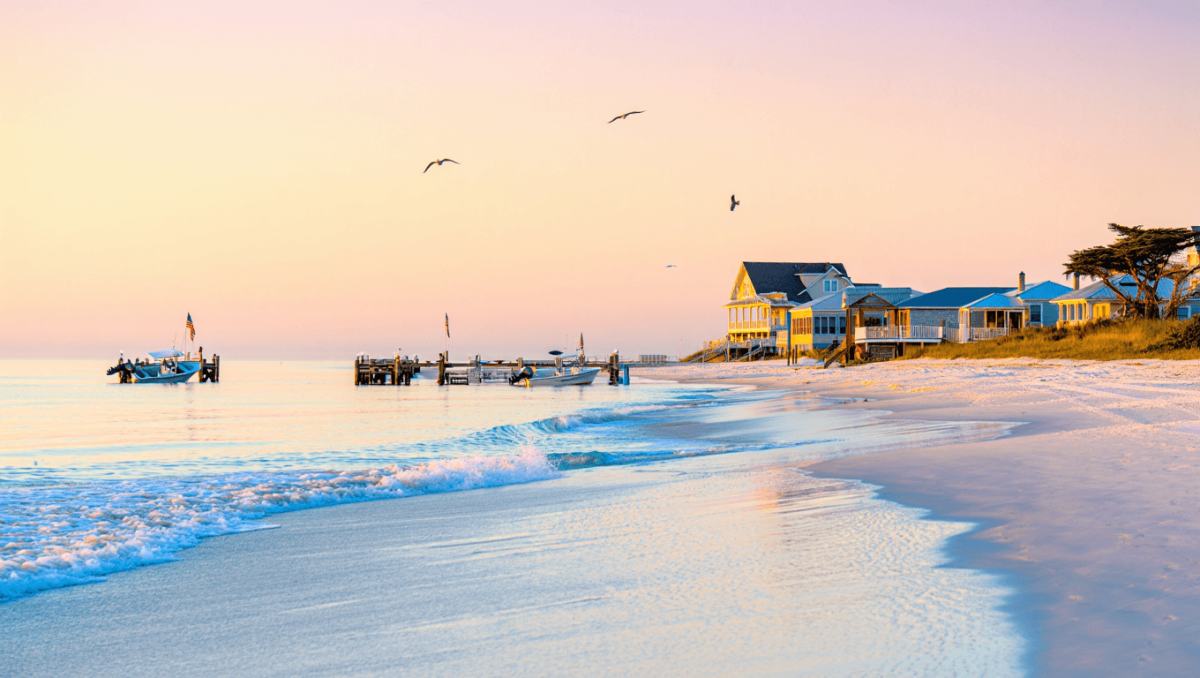 Calm white-sand beach in Long Beach, MS