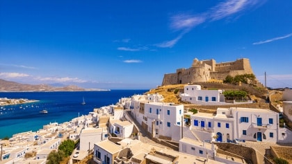 Female tourist taking in scenery of Astypalaia