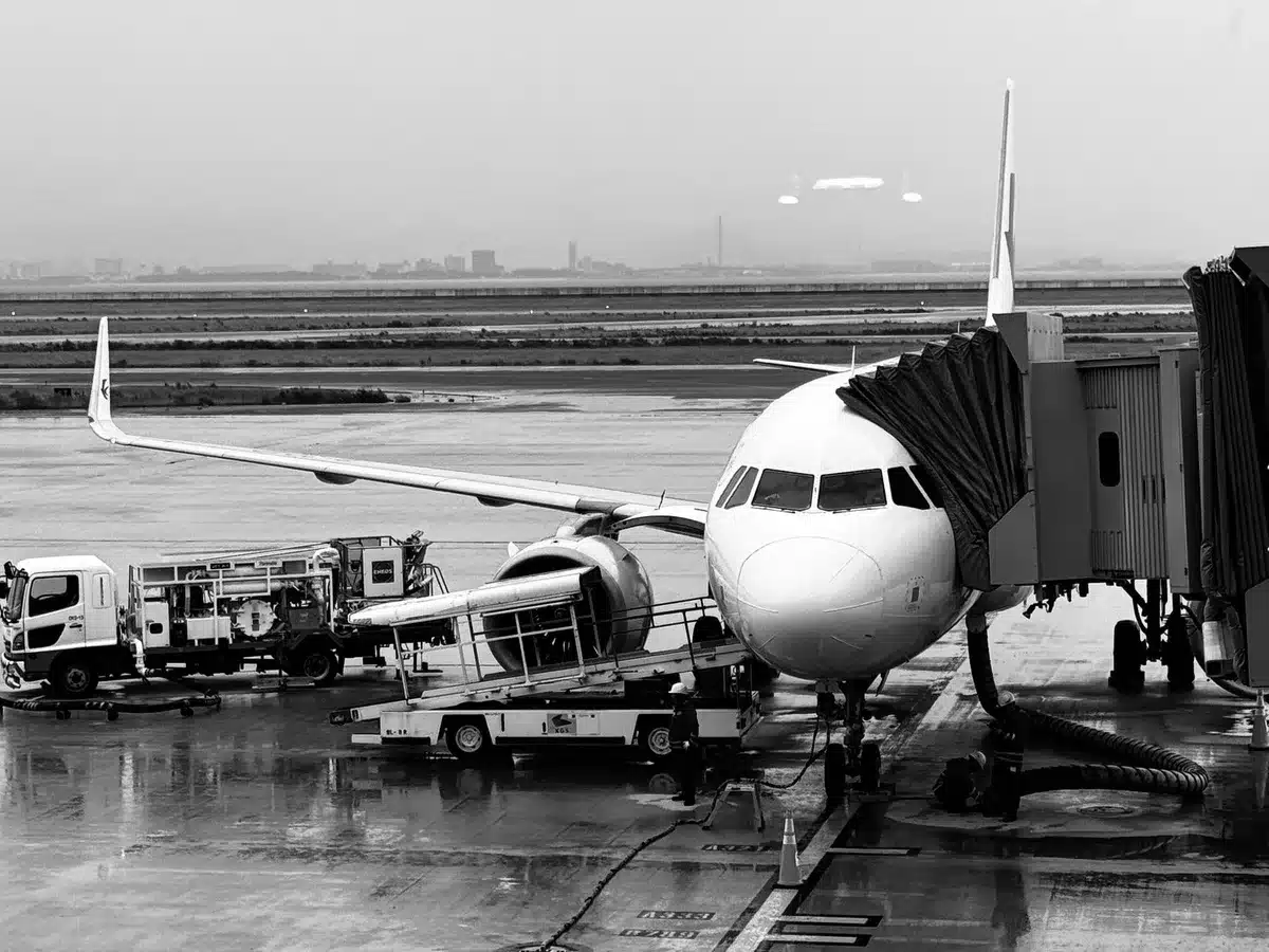Single-aisle aircraft on airport tarmac with ground crew and luggage carts, palm trees visible in background