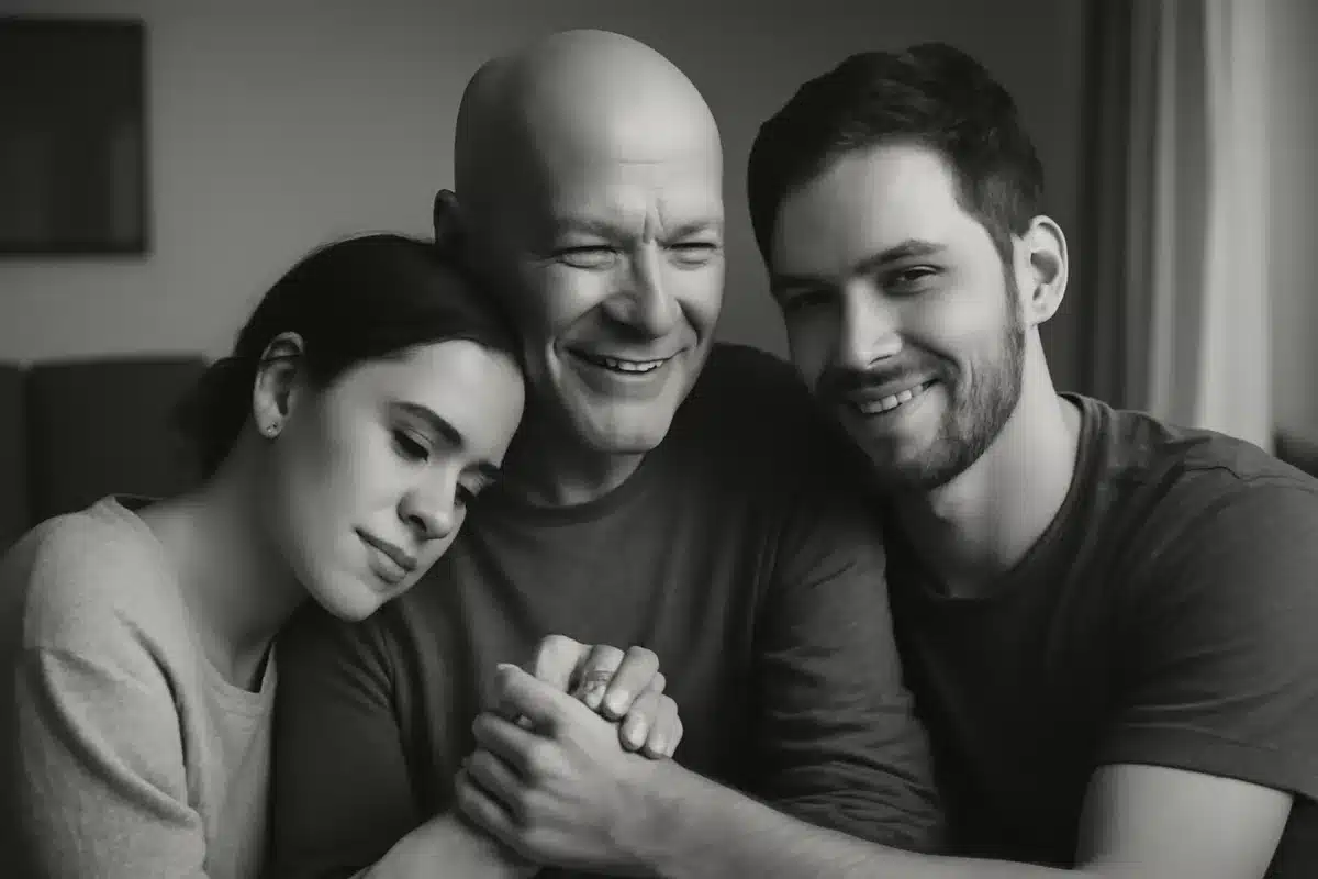 Vogue publishes a tender black-and-white family snapshot — The image shows Willis with his arm around Tallulah as she leans close. He smiles while Tallulah’s husband, Justin Acee, clasps his hand. The photo is styled in black and white and feels