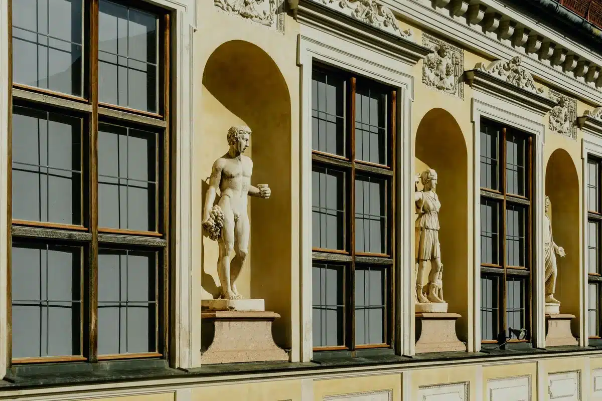 Elegant classical Renaissance building with symmetrical columns and portico, Palladian architectural style