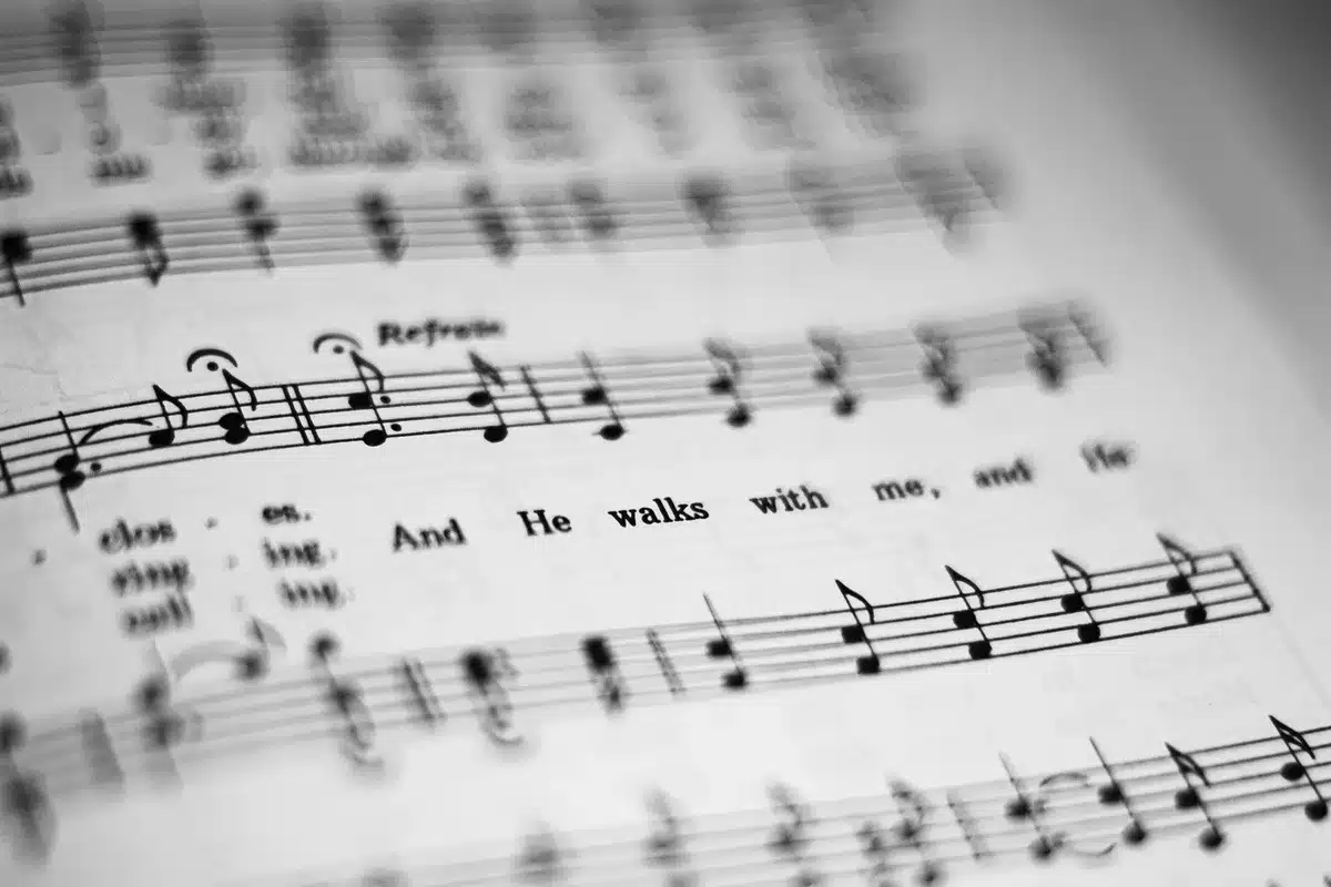 Vintage gospel hymnal pages showing traditional church music notation