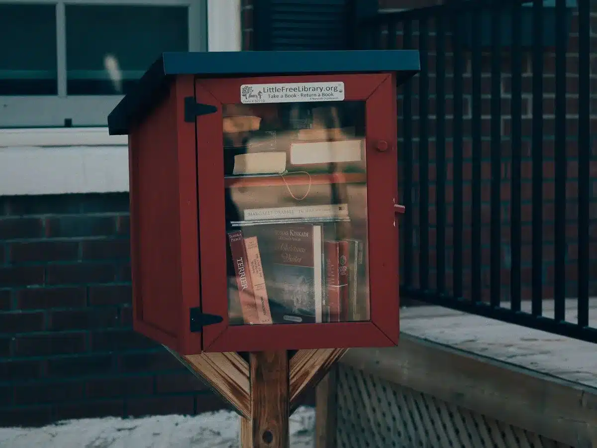 Hands donating books to children at a library program