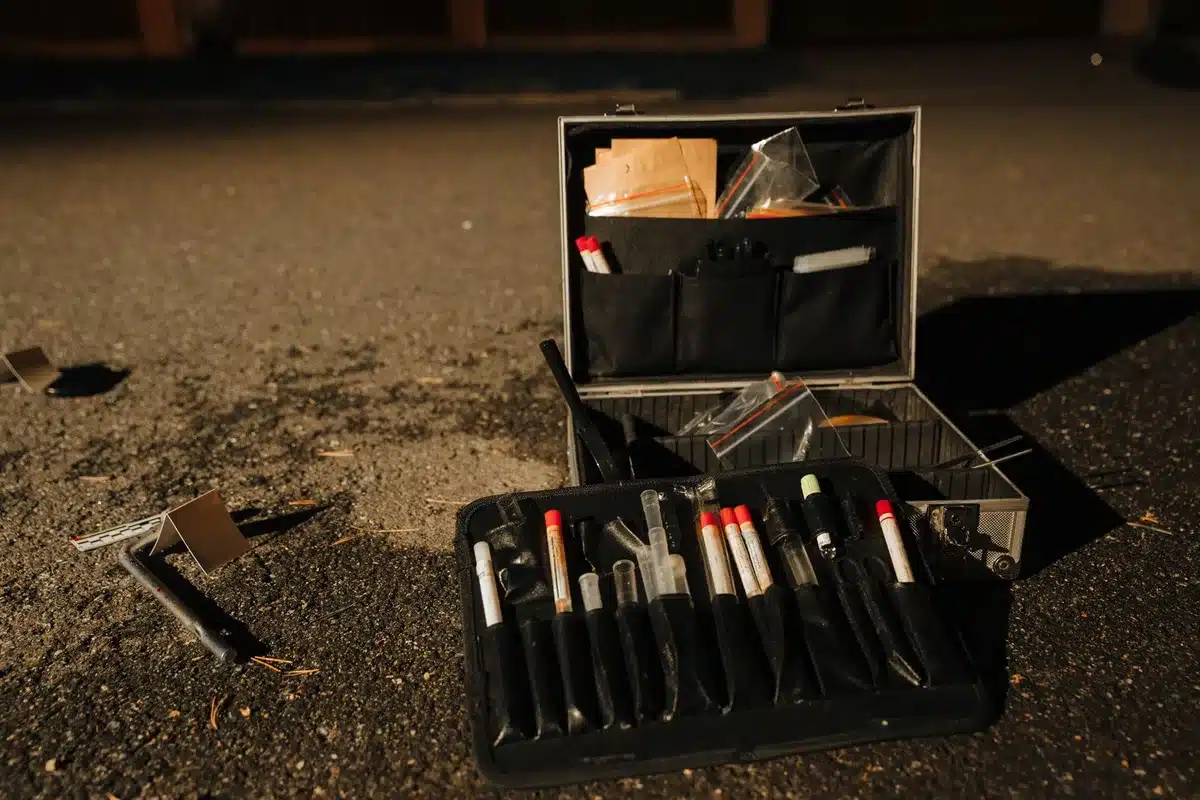 Police officer documenting evidence and items collected at a crime scene