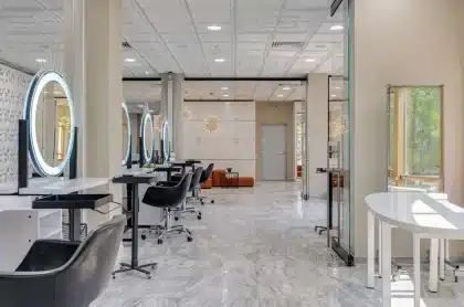 Interior of a classic beauty salon with styling chairs and mirrors, evocative of the Steel Magnolias setting