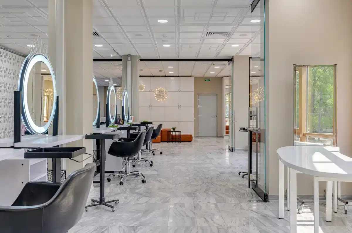Interior of a classic beauty salon with styling chairs and mirrors, evocative of the Steel Magnolias setting