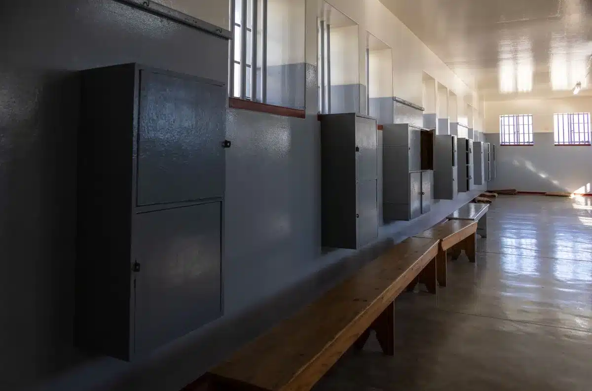 Juvenile detention facility with secure doors and institutional hallway
