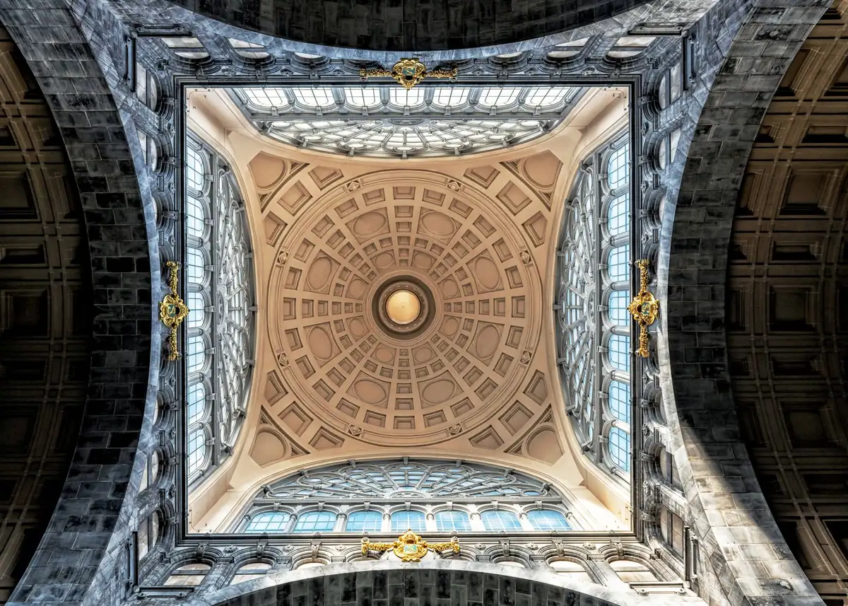Antwerpen-Centraal station interior with ornate dome, marble and ironwork