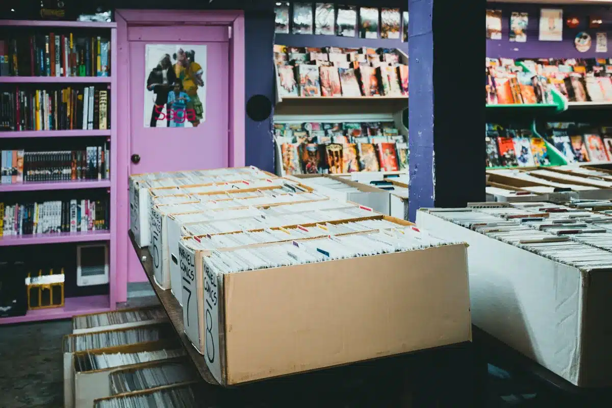 Collectors opening and trading blind box merchandise at retail counter