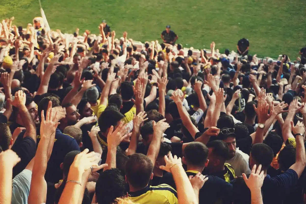 Crowd of spectators standing and applauding during a live sports event