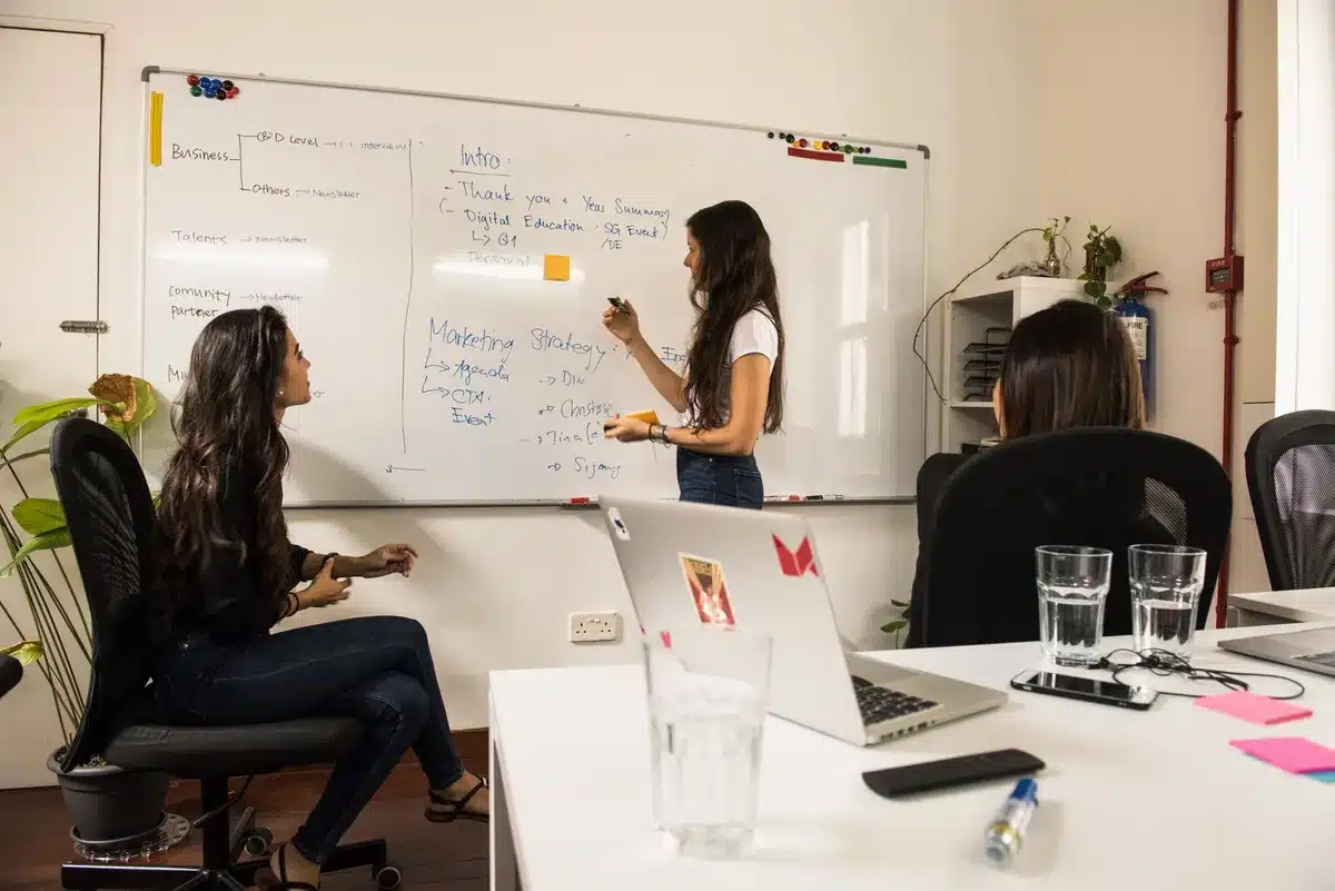 Marketing professionals discussing strategy and campaign analysis