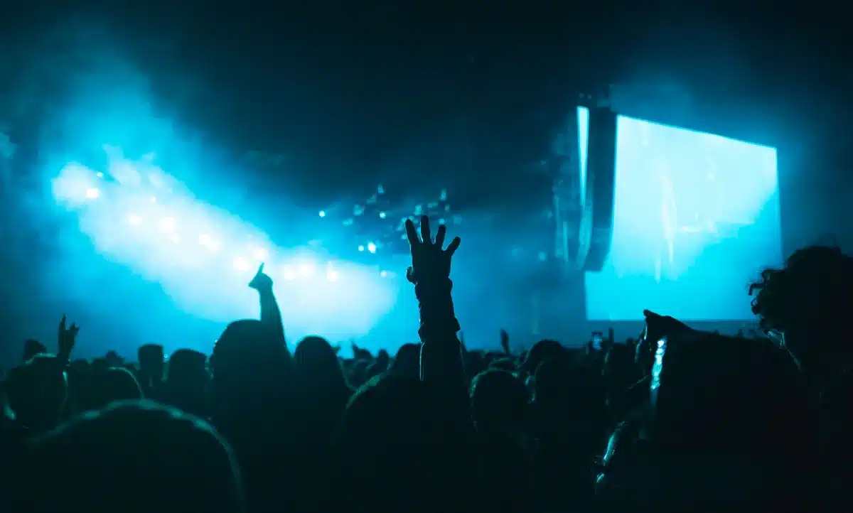 Crowd of concert fans cheering and celebrating at a live performance