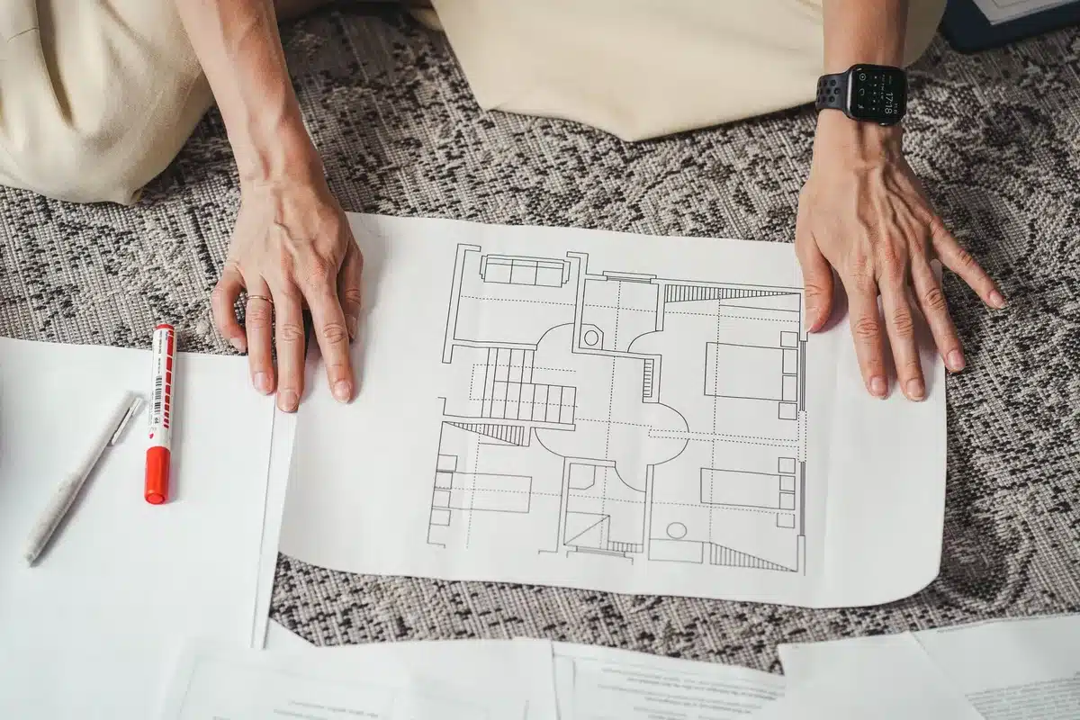 Landscape architect reviewing garden design plans and blueprints