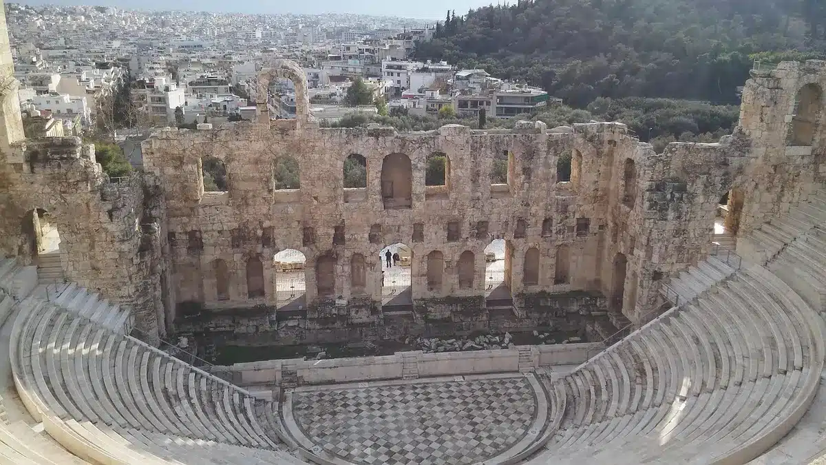 Ancient Theater of Plovdiv carved into hillside with seating and stage