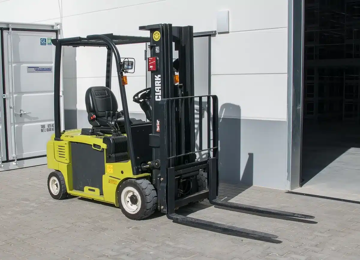 Forklift operating in a warehouse or stadium dock area with safety protocols in place.