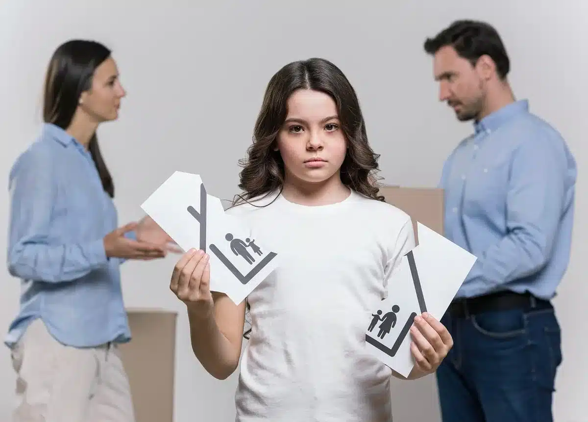 Family law attorney and parents discussing custody arrangements in a professional setting.