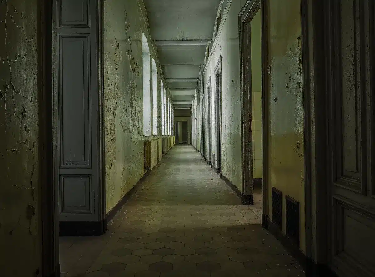 Decaying institutional hallway with worn floors and a metal door, suggesting an old psych ward
