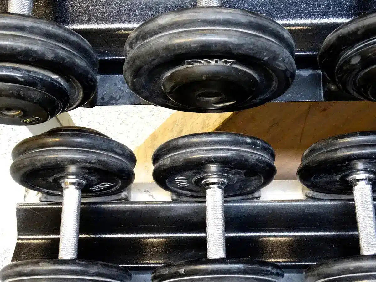 Shadowed gym with punching bag and weights, evoking physical transformation for film roles