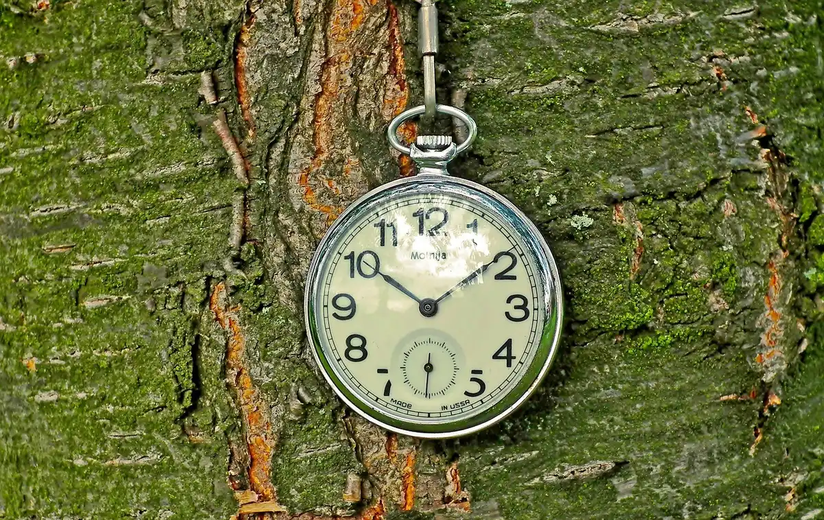 Close view of a studio clock and a performer delivering a scripted line