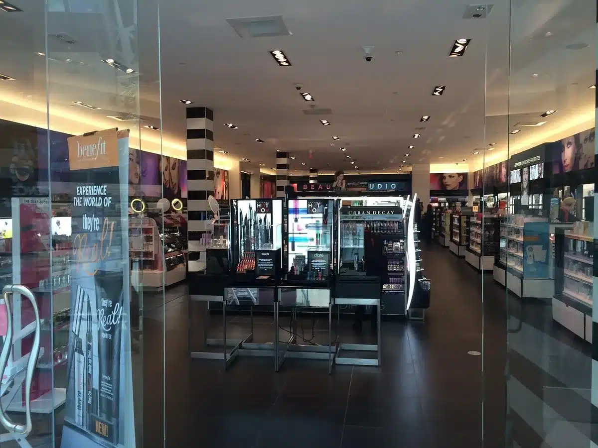 Court-themed product display at a retail launch with branded packaging
