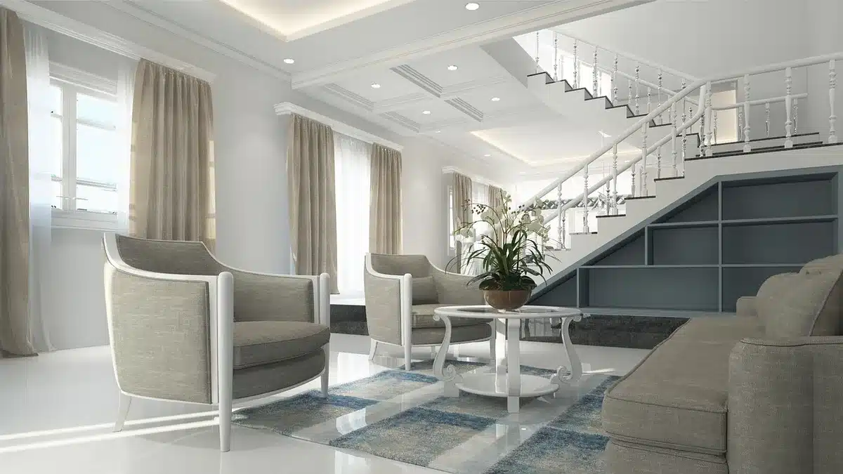 Living room with smart TV, unbranded gadgets and a hand holding a remote