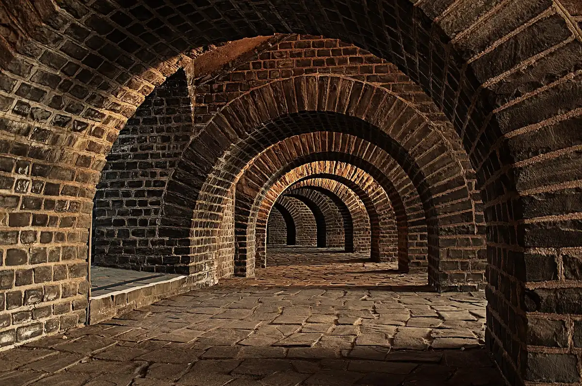 Cobblestone riverfront promenade with shops and outdoor seating at dusk