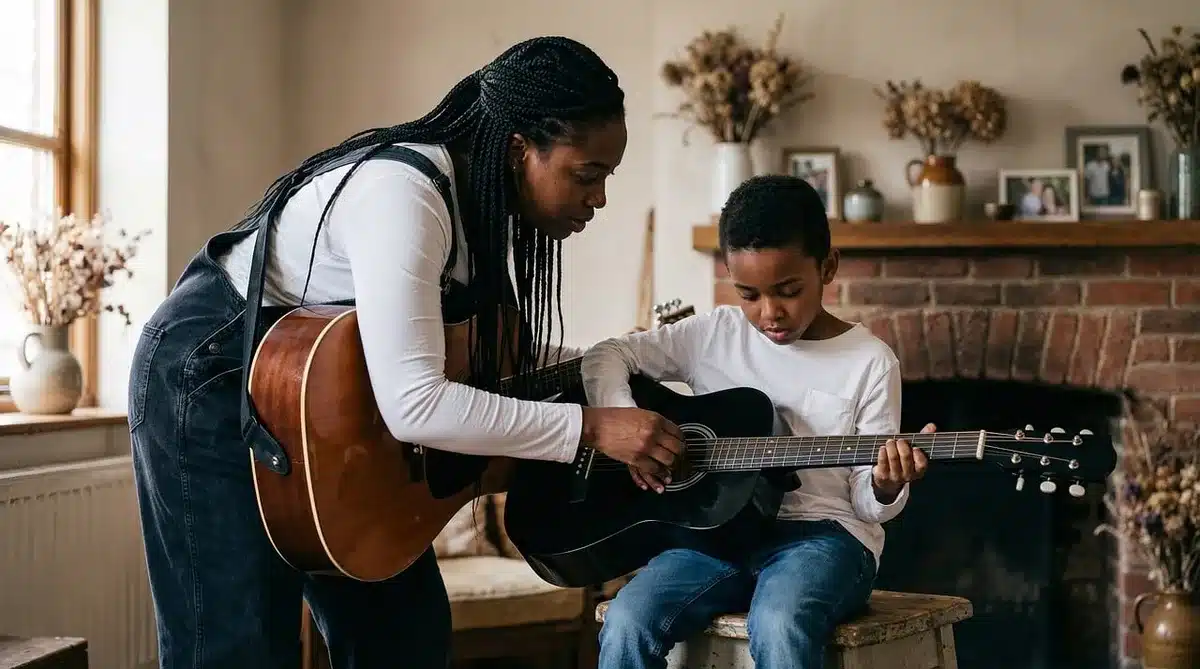 Young actor practising guitar with an older musician nearby