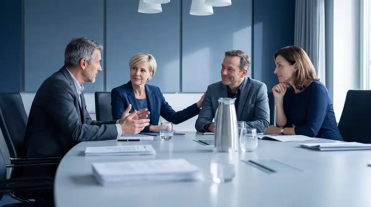 Studio executives in a meeting discussing distribution strategy