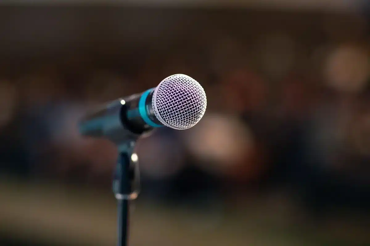 Silhouette of a speaker at a podium facing an anonymous audience in a small hall