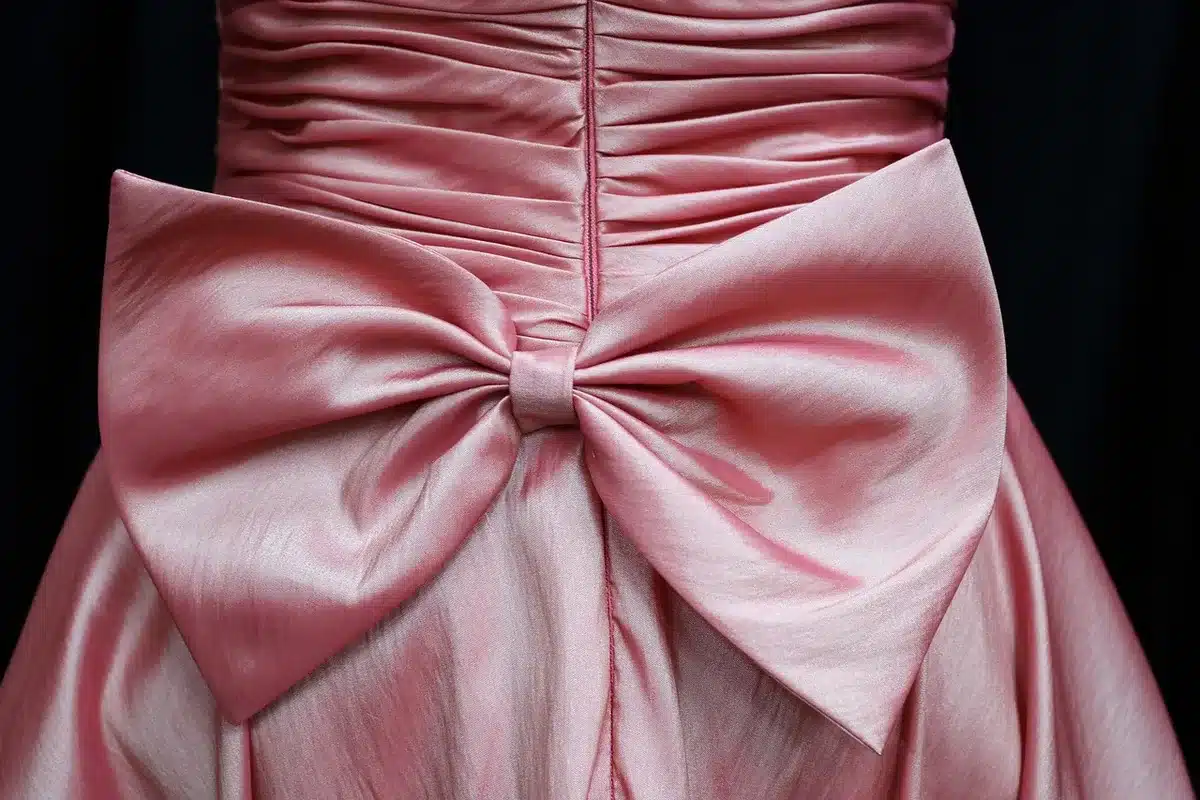 A pale blue pleated evening gown with a decorative bow on museum steps