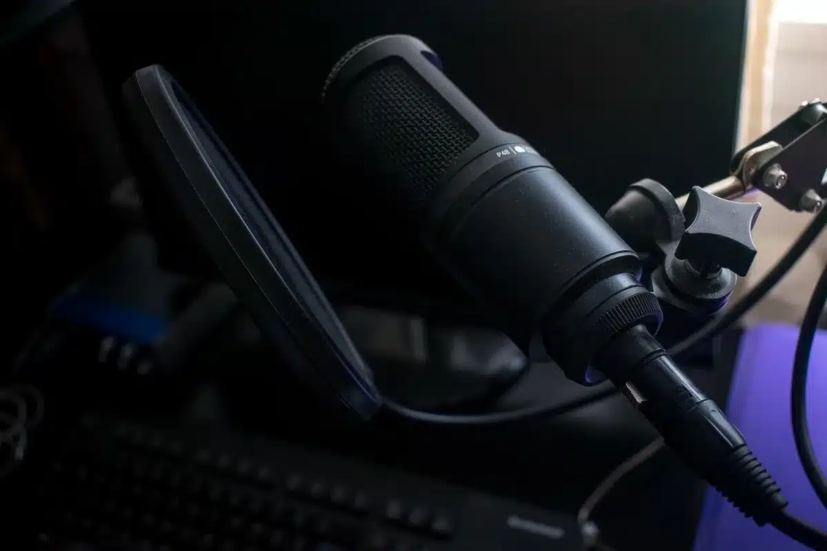 Close-up of a singer with a microphone in a dim studio, evoking poetic, dense songwriting